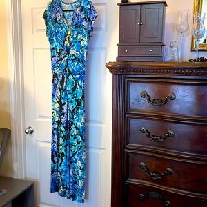 Long stretchy dress blue rose pattern